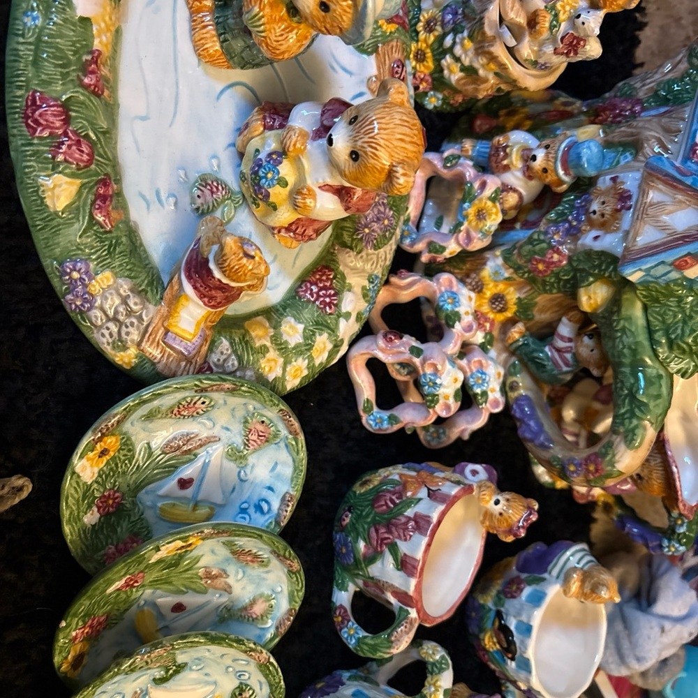 Whimsical Bear Ceramic Set with Floral Details